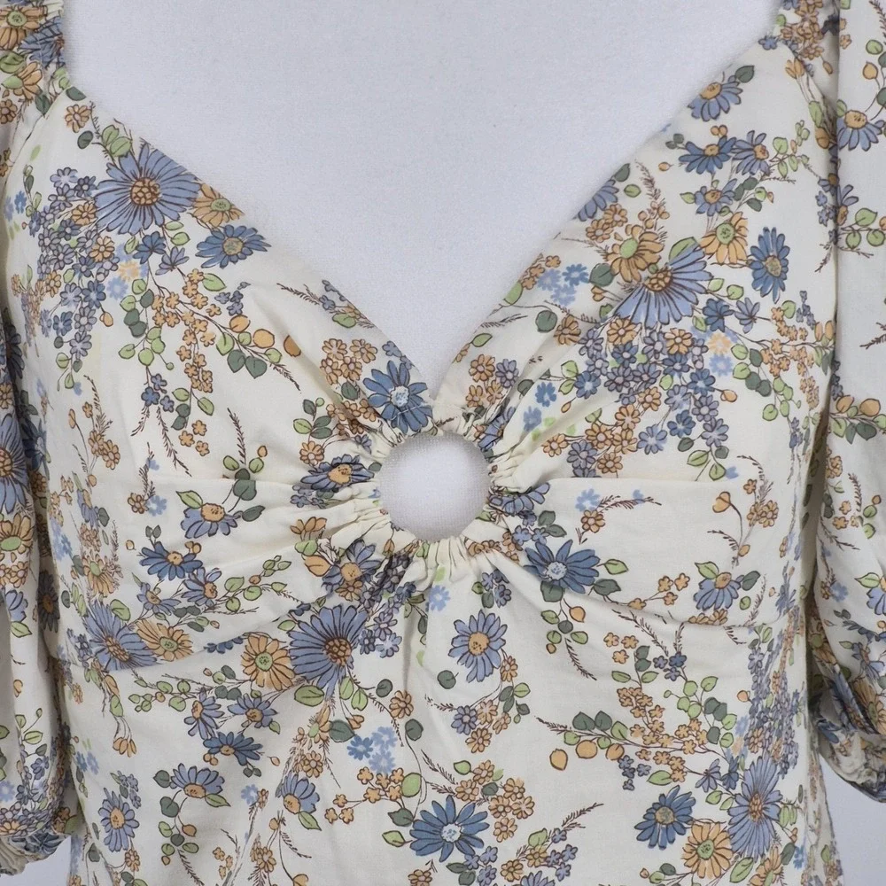 Abercrombie &‎ Fitch Floral Puff Sleeve Poplin O-Ring Crop Top Blouse Women's M